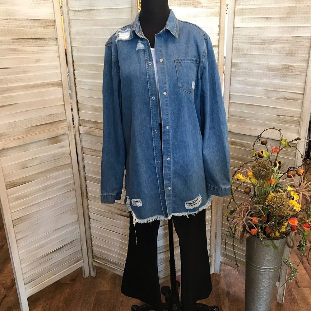 Distressed Tunic Denim Shirt